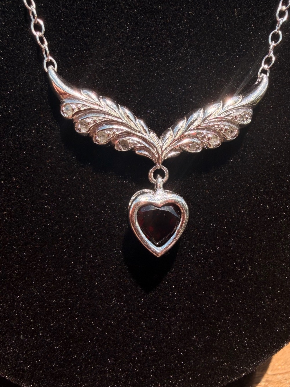 Garnet & Diamond Winged Heart Necklace Sterling Silver 19” AAA 1 CTW